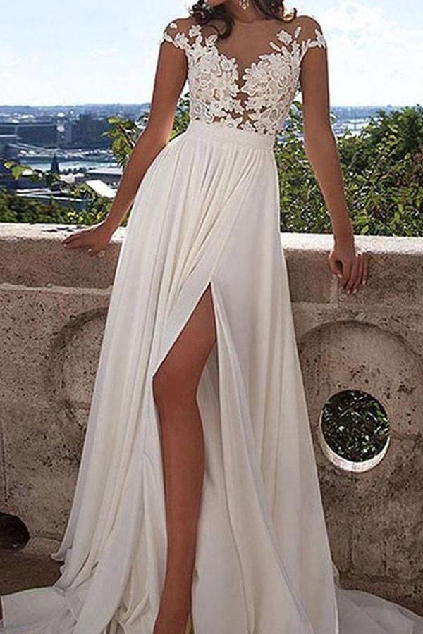 V-neck Cap Sleeves Sweep Train Ivory Wedding Dress with Appliques