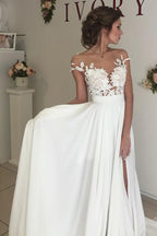 V-neck Cap Sleeves Sweep Train Ivory Wedding Dress with Appliques