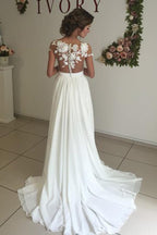 V-neck Cap Sleeves Sweep Train Ivory Wedding Dress with Appliques