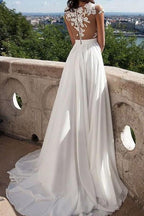 V-neck Cap Sleeves Sweep Train Ivory Wedding Dress with Appliques