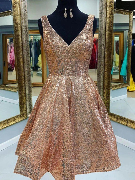 V-Ausschnitt Champagner Spitze Kurzes Abschlussballkleid Homecoming Kleider Pailletten Formelle Partykleider
