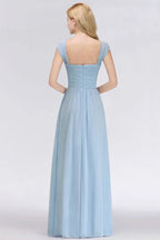 Abito da damigella d'onore in chiffon a linea ad A con scollo a V, azzurro cielo, lungo fino a terra, abito da sera svolazzante