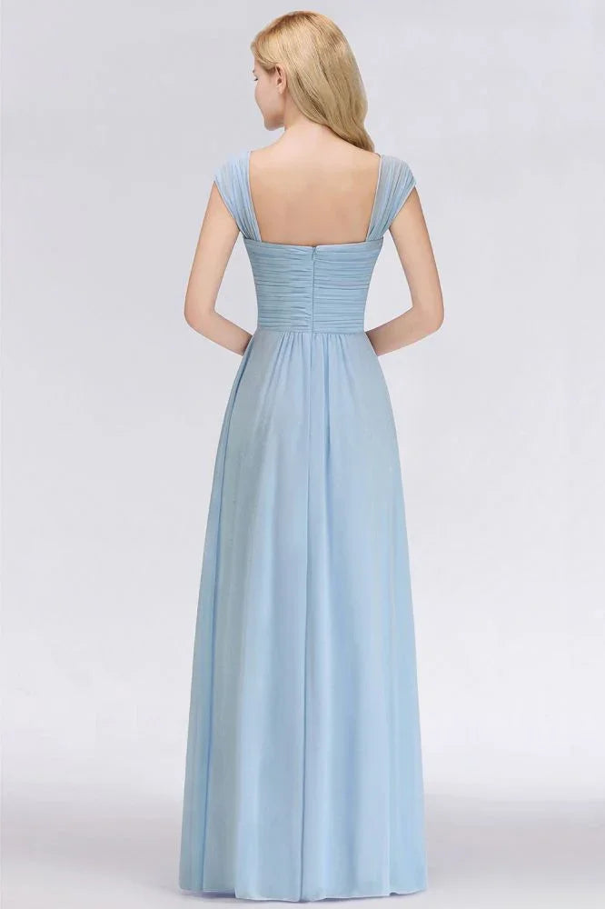 Abito da damigella d'onore in chiffon a linea ad A con scollo a V, azzurro cielo, lungo fino a terra, abito da sera svolazzante