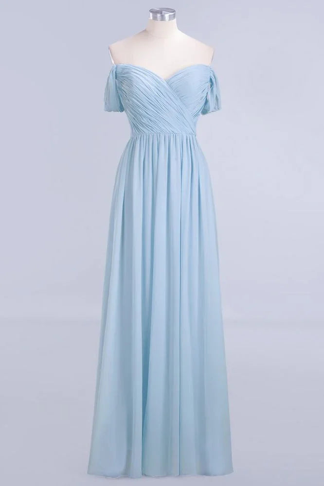 Abito da damigella d'onore in chiffon a linea ad A con scollo a V, azzurro cielo, lungo fino a terra, abito da sera svolazzante