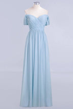 Abito da damigella d'onore in chiffon a linea ad A con scollo a V, azzurro cielo, lungo fino a terra, abito da sera svolazzante
