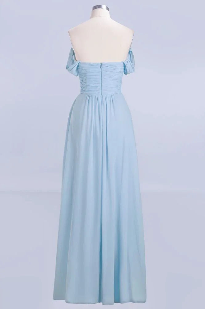 Abito da damigella d'onore in chiffon a linea ad A con scollo a V, azzurro cielo, lungo fino a terra, abito da sera svolazzante