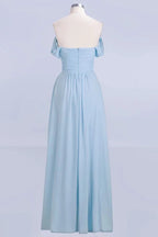 Abito da damigella d'onore in chiffon a linea ad A con scollo a V, azzurro cielo, lungo fino a terra, abito da sera svolazzante