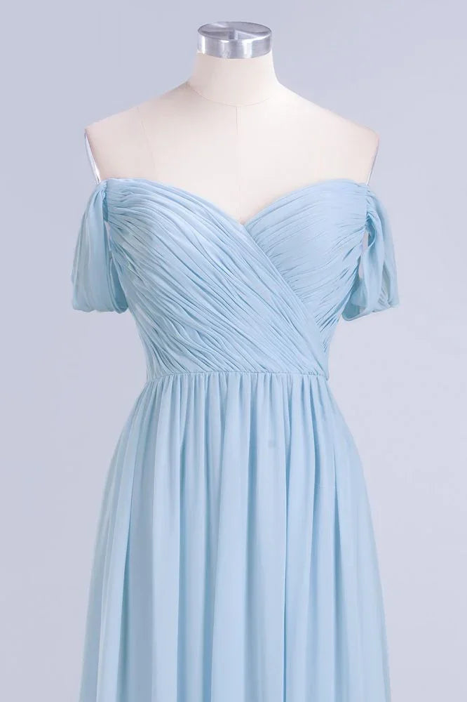 Abito da damigella d'onore in chiffon a linea ad A con scollo a V, azzurro cielo, lungo fino a terra, abito da sera svolazzante