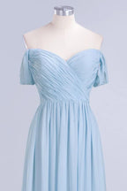 Abito da damigella d'onore in chiffon a linea ad A con scollo a V, azzurro cielo, lungo fino a terra, abito da sera svolazzante