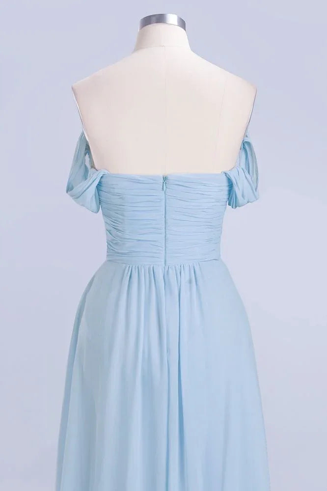 Abito da damigella d'onore in chiffon a linea ad A con scollo a V, azzurro cielo, lungo fino a terra, abito da sera svolazzante