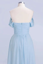 Abito da damigella d'onore in chiffon a linea ad A con scollo a V, azzurro cielo, lungo fino a terra, abito da sera svolazzante