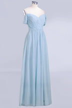 Abito da damigella d'onore in chiffon a linea ad A con scollo a V, azzurro cielo, lungo fino a terra, abito da sera svolazzante