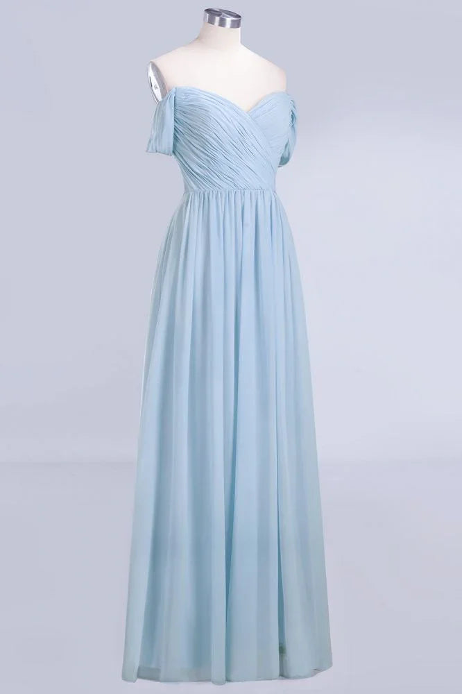 Abito da damigella d'onore in chiffon a linea ad A con scollo a V, azzurro cielo, lungo fino a terra, abito da sera svolazzante