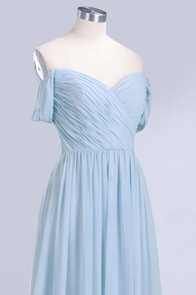 Abito da damigella d'onore in chiffon a linea ad A con scollo a V, azzurro cielo, lungo fino a terra, abito da sera svolazzante