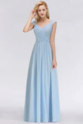 Abito da damigella d'onore in chiffon a linea ad A con scollo a V, azzurro cielo, lungo fino a terra, abito da sera svolazzante