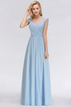 Abito da damigella d'onore in chiffon a linea ad A con scollo a V, azzurro cielo, lungo fino a terra, abito da sera svolazzante