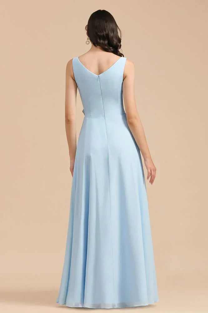 Abito da damigella d'onore in chiffon a linea A con scollo a V, senza maniche, lungo fino a terra, semplice abito da sposa