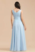Abito da damigella d'onore in chiffon a linea A con scollo a V, senza maniche, lungo fino a terra, semplice abito da sposa