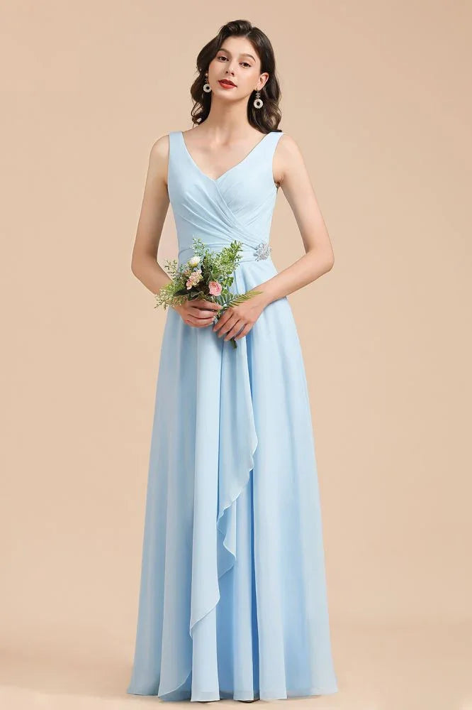 Abito da damigella d'onore in chiffon a linea A con scollo a V, senza maniche, lungo fino a terra, semplice abito da sposa