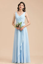 Abito da damigella d'onore in chiffon a linea A con scollo a V, senza maniche, lungo fino a terra, semplice abito da sposa