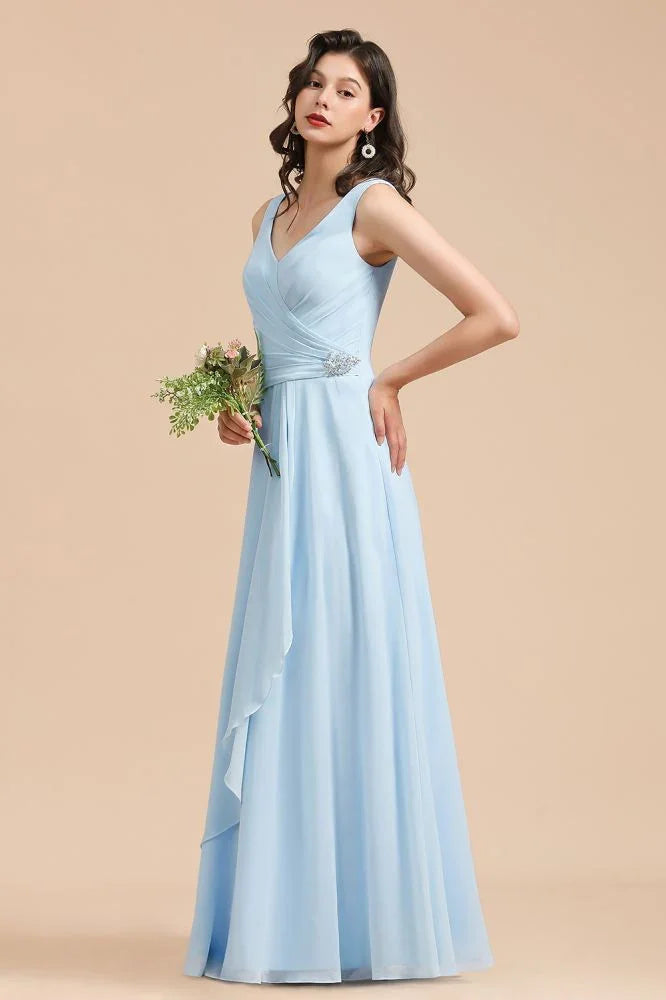 Abito da damigella d'onore in chiffon a linea A con scollo a V, senza maniche, lungo fino a terra, semplice abito da sposa