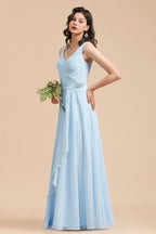 Abito da damigella d'onore in chiffon a linea A con scollo a V, senza maniche, lungo fino a terra, semplice abito da sposa