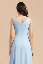 Abito da damigella d'onore in chiffon a linea A con scollo a V, senza maniche, lungo fino a terra, semplice abito da sposa