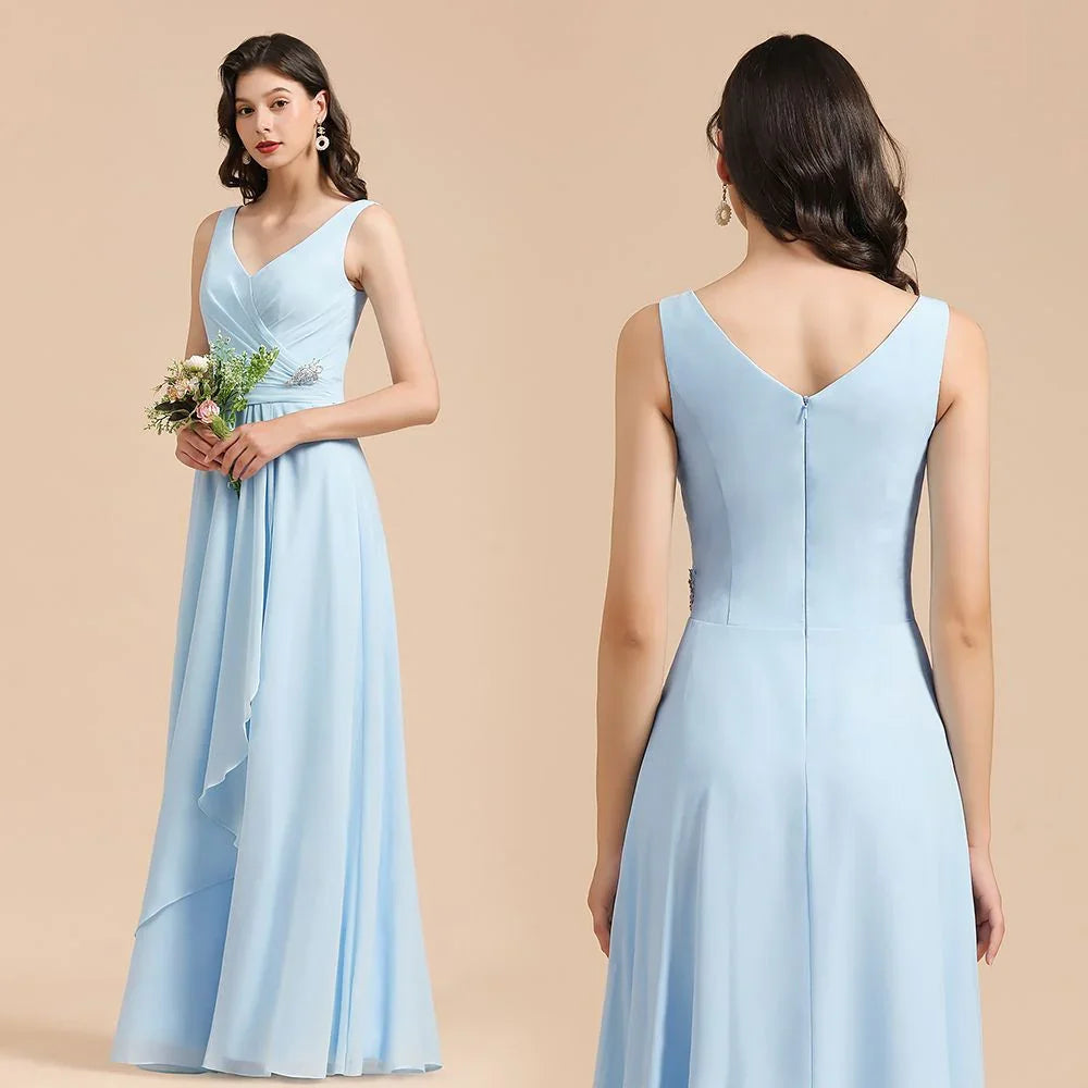 Abito da damigella d'onore in chiffon a linea A con scollo a V, senza maniche, lungo fino a terra, semplice abito da sposa