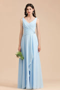 Abito da damigella d'onore in chiffon a linea A con scollo a V, senza maniche, lungo fino a terra, semplice abito da sposa