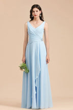 Abito da damigella d'onore in chiffon a linea A con scollo a V, senza maniche, lungo fino a terra, semplice abito da sposa