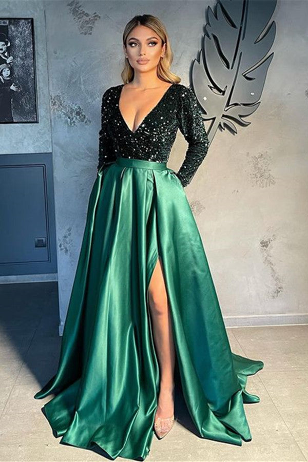V-neck Evening Gowns For Women A-Line Split Prom Dress