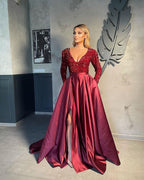 V-neck Evening Gowns For Women A-Line Split Prom Dress