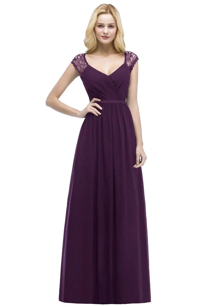 Abiti da damigella con scollo a V, lunghezza fino al pavimento, linea a trapezio, in pizzo e chiffon con fascia