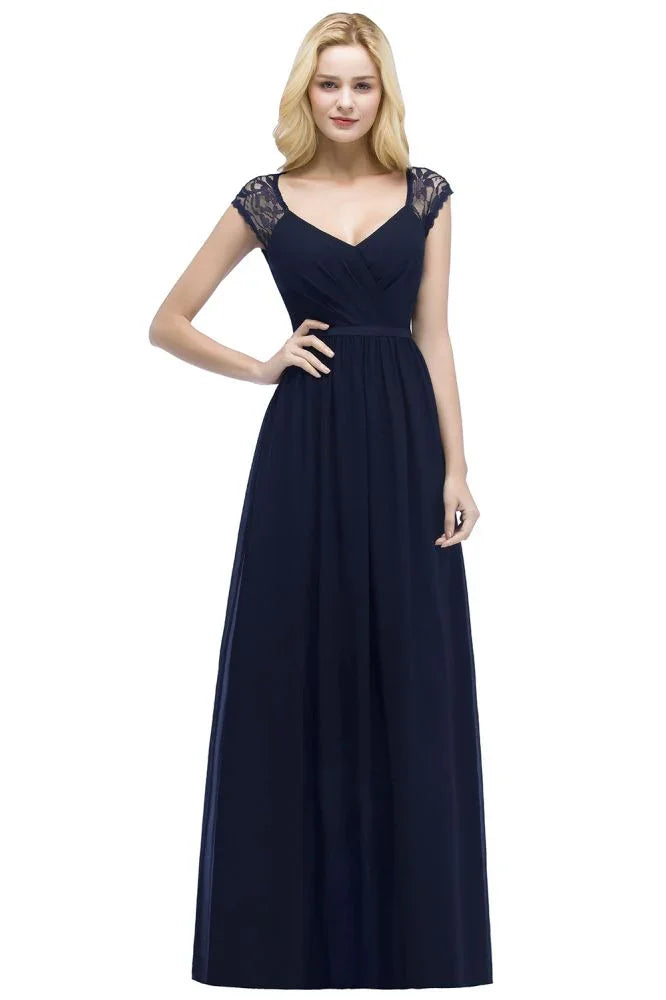 Abiti da damigella con scollo a V, lunghezza fino al pavimento, linea a trapezio, in pizzo e chiffon con fascia
