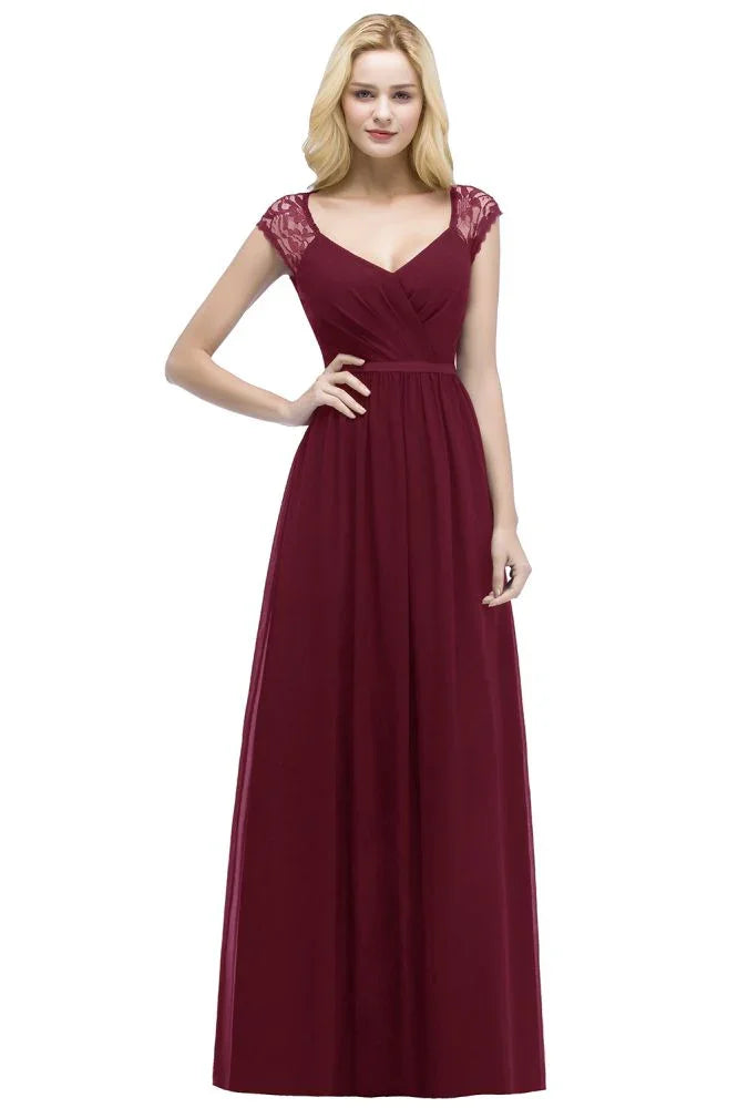 Abiti da damigella con scollo a V, lunghezza fino al pavimento, linea a trapezio, in pizzo e chiffon con fascia