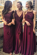 Abito da damigella in chiffon d'uva, lungo fino al pavimento, con scollo a V e spacco BD036