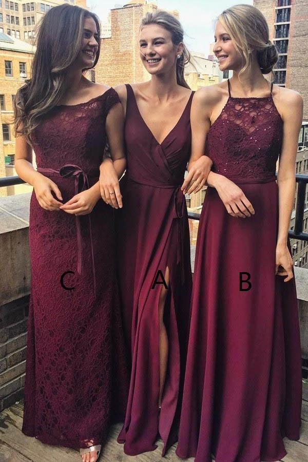 Abito da damigella in chiffon d'uva, lungo fino al pavimento, con scollo a V e spacco BD036