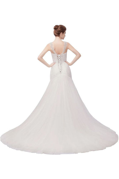 Vestidos de novia de tul con cristales, sirena, escote en V y largo hasta el suelo