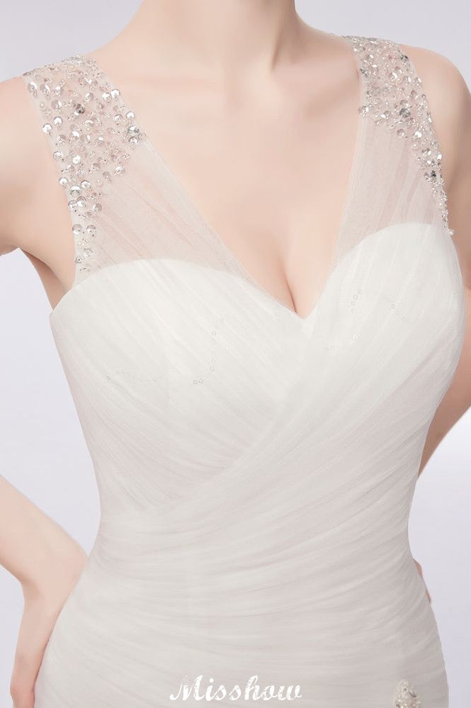 V-neck Floor Length Mermaid Crystals Tulle Wedding Dresses