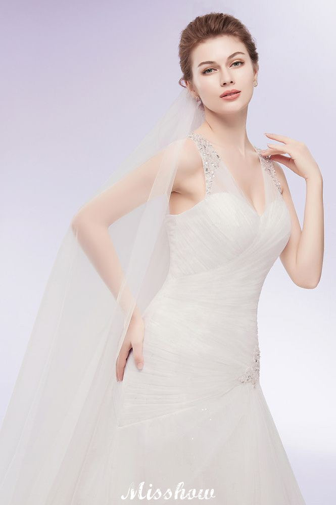 V-neck Floor Length Mermaid Crystals Tulle Wedding Dresses