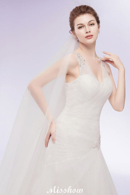 Vestidos de novia de tul con cristales, sirena, escote en V y largo hasta el suelo