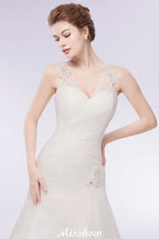 V-neck Floor Length Mermaid Crystals Tulle Wedding Dresses