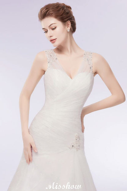 Vestidos de novia de tul con cristales, sirena, escote en V y largo hasta el suelo