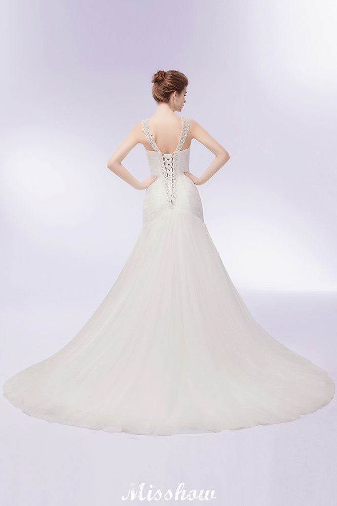 V-neck Floor Length Mermaid Crystals Tulle Wedding Dresses