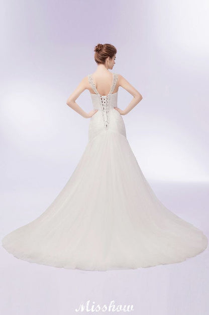 Vestidos de novia de tul con cristales, sirena, escote en V y largo hasta el suelo