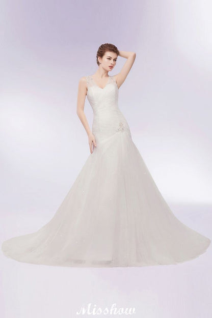 Vestidos de novia de tul con cristales, sirena, escote en V y largo hasta el suelo