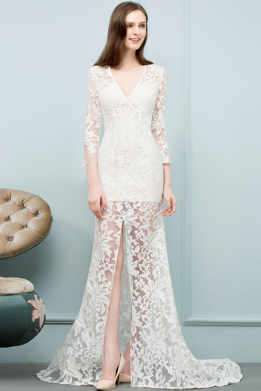 Vestidos de fiesta de sirena con escote en V, largo hasta el suelo, de encaje y mangas