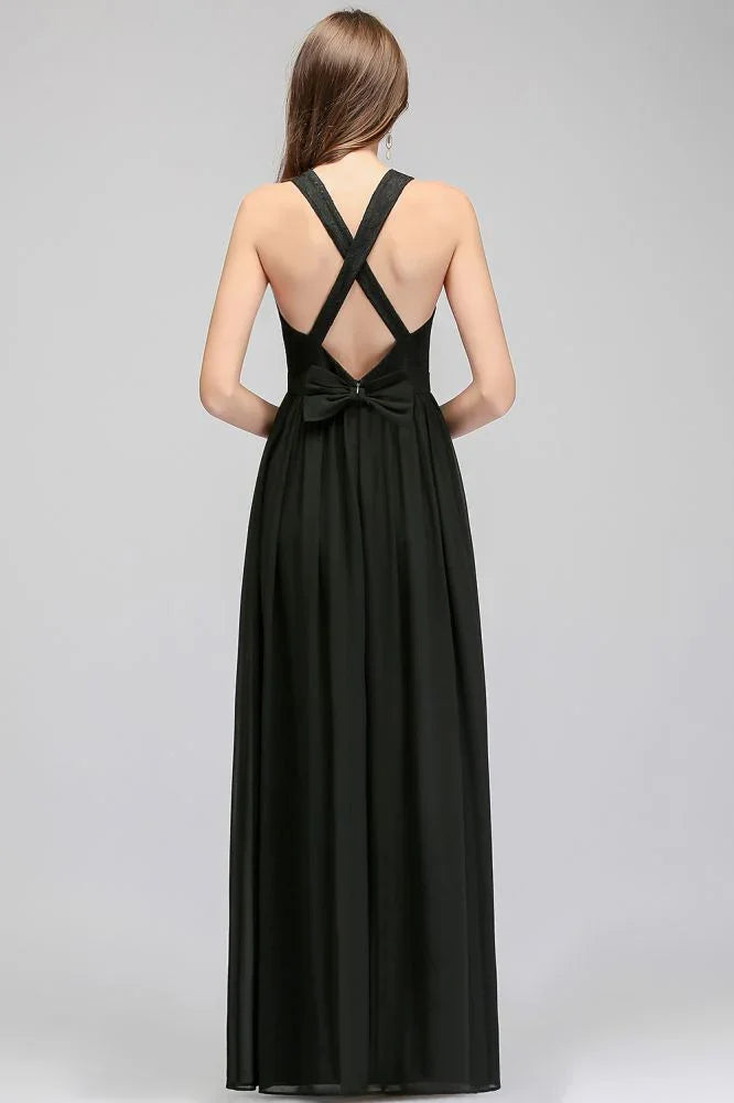 Vestido de dama de honor negro, sin mangas, de encaje, largo hasta el suelo, con escote en pico