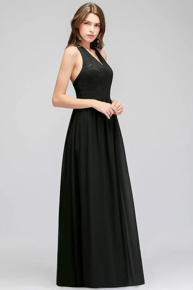 Vestido de dama de honor negro, sin mangas, de encaje, largo hasta el suelo, con escote en pico