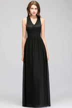 Vestido de dama de honor negro, sin mangas, de encaje, largo hasta el suelo, con escote en pico